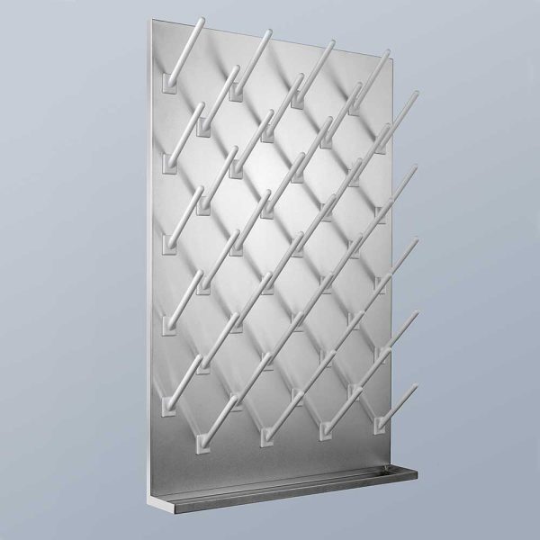 stainless steel pegboard with pegs and drip trough