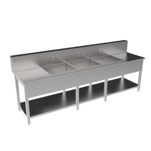 SCUL-120-3B-RFD Stainless Steel Scullery w/3 Integral Sink Bowls